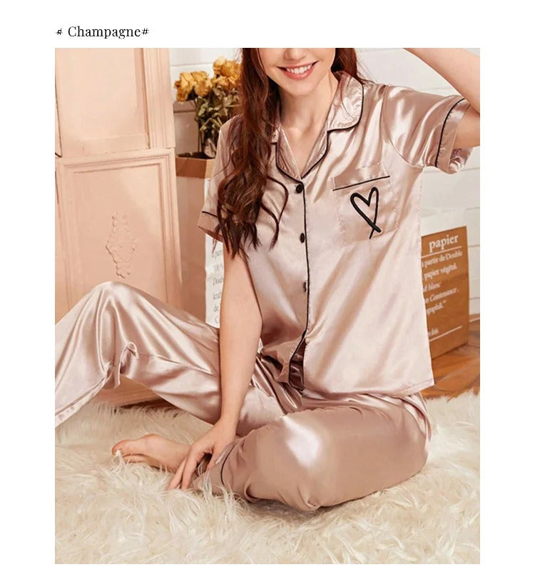 Women's Pajama Pocket Heart Embroidered Pajama Set Satin Comfortable Short Sleeve Button Pajama Lounge Pant For Women Sleepwear