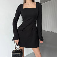 Tossy Bandage Fashion Square Collar MIni Dress For Women Slim High Waist Patchwork Elegant Bodycon Dress Female Autumn Dress New