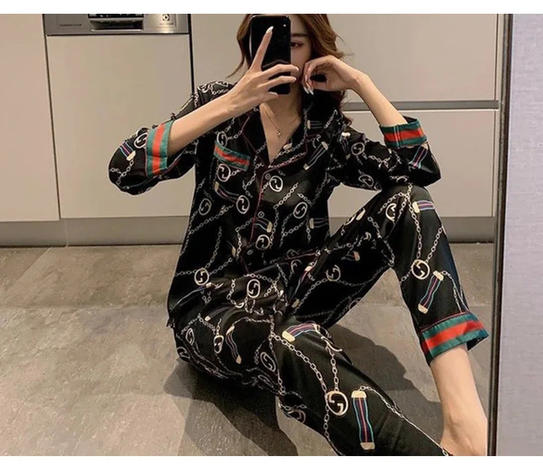 Women Plus Size Pajamas Silk Long Sleeve School Loungewear Two-Piece Fashion Webbing Chain Pattern Trouser Set Sexy Sleepwear