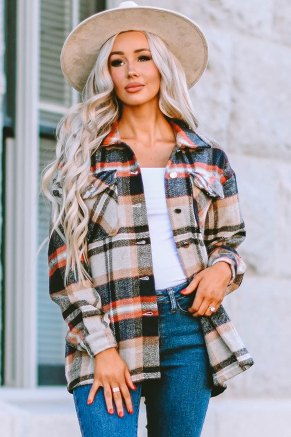 Khaki Geometric Plaid Print Pocketed Shacket