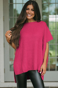 Rose Red Short Sleeve Side Slit Oversized Sweater