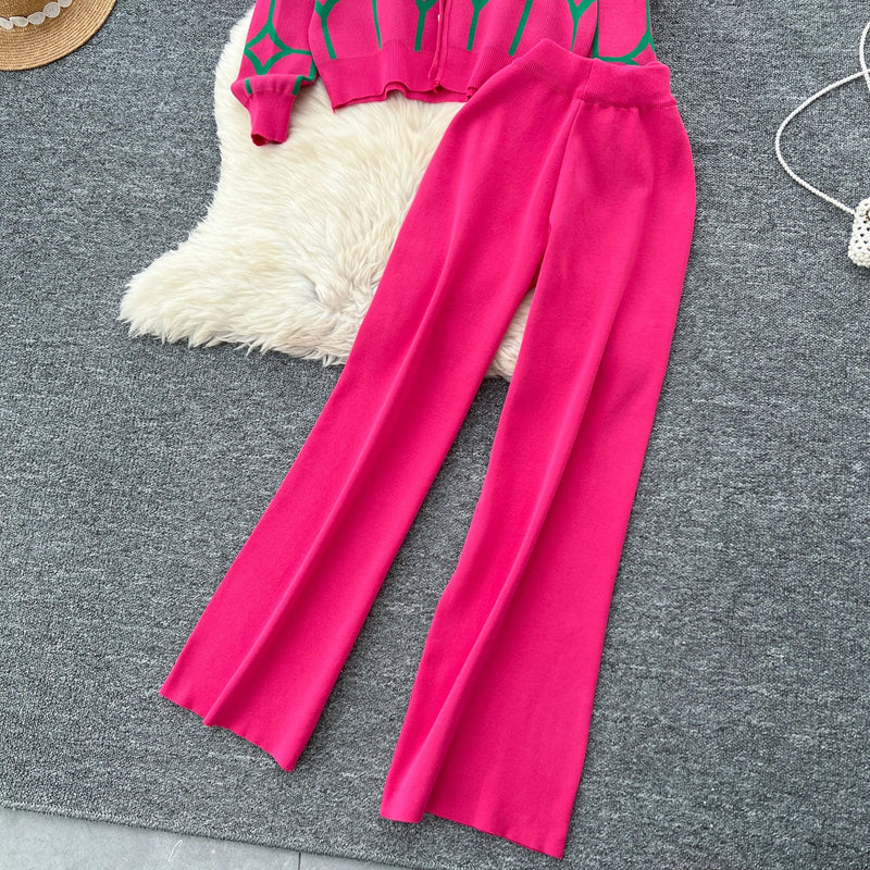 SINGREINY Basics Print Knit Two Pieces Sets Autumn Winter Single Breasted Cardigan+Wide Leg Long Pants Fashion Streetwear Suits