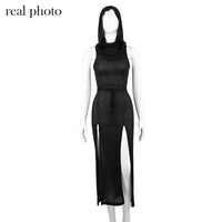 Goth Dark Cyber Gothic Desert Walker Hooded Dresses Y2k Punk Grunge Hollow Out Midi Dress Women Sexy Split Side Solid Streetwear