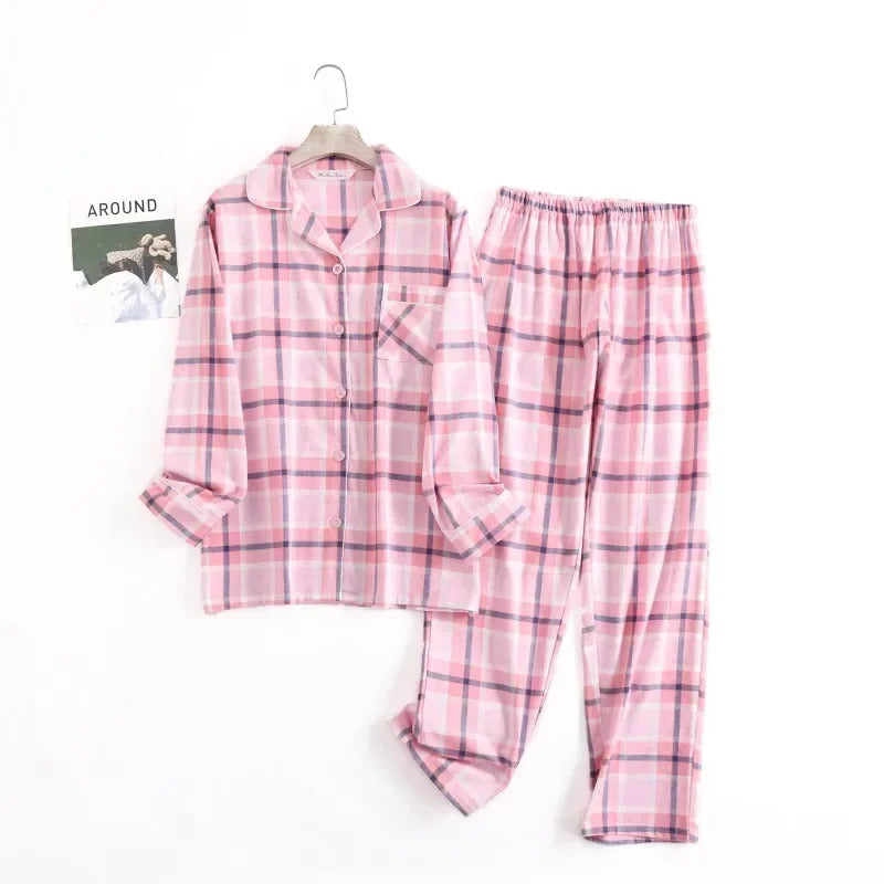 Cotton Flannel Women's Long Pants Pajamas Sets for Sleepwear Plaid Design Loose Autumn and Winter Long Sleeve Trouser Suits