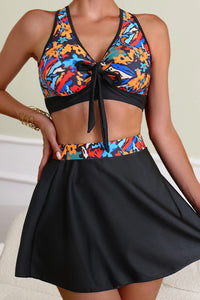 Black 3pcs Printed Crossed Top and A-line Skirt Bikini Set