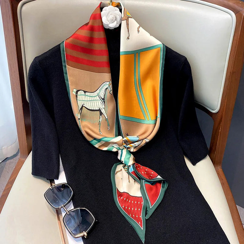 Long Silk Scarf Bag Tie Lady Neck Skinny Scarves Hairband Foulard Horse Print Brand Lady Neckerchief Ribbon 2021 Spring New