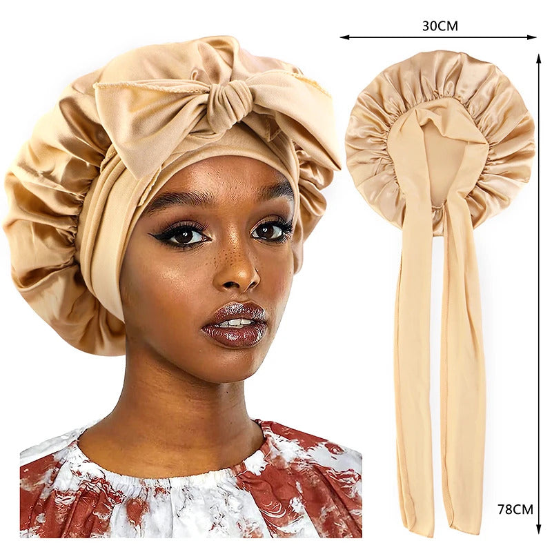 New Satin Sleeping Cap For Women Solid Wide Band Stretch Head Tie Silky Bonnet Edge Wrap Nightcap Hair Care Shower Head Cover