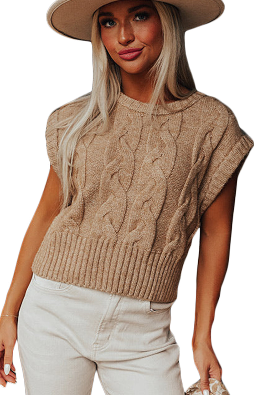 Light French Beige Cap Sleeve Cable Knit Sweater