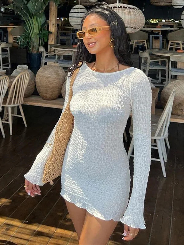 wsevypo Backless Bandage White Beach Dress 2022 New Holiday Casual Streetwear Women Long Sleeve O-Neck Wrap Short Dresses