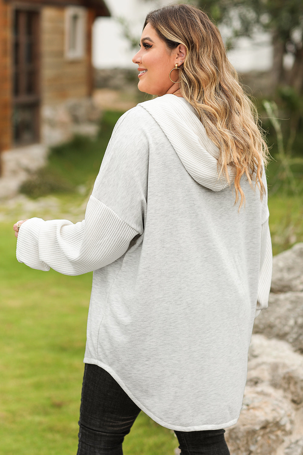 Gray Contrast Knitted Sleeves Plus Size Hoodie