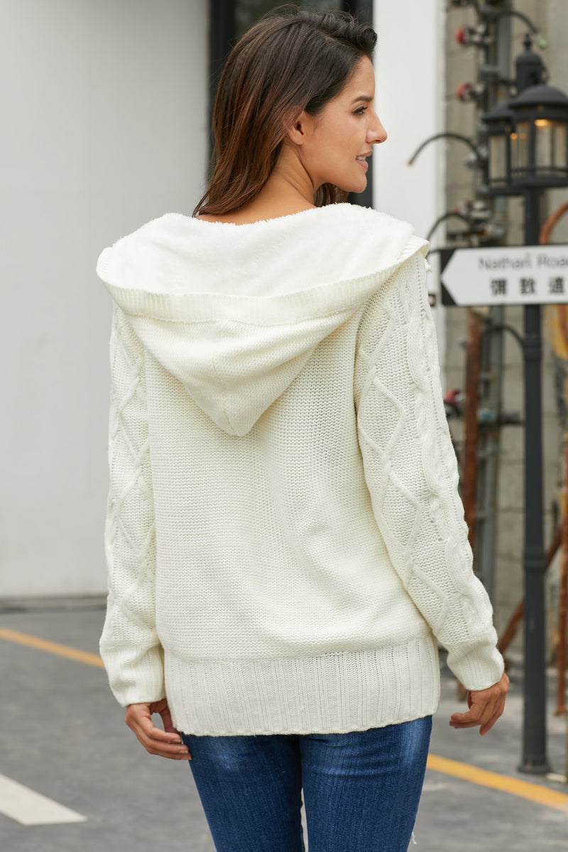 White Fur Hood Horn Button Sweater Cardigan