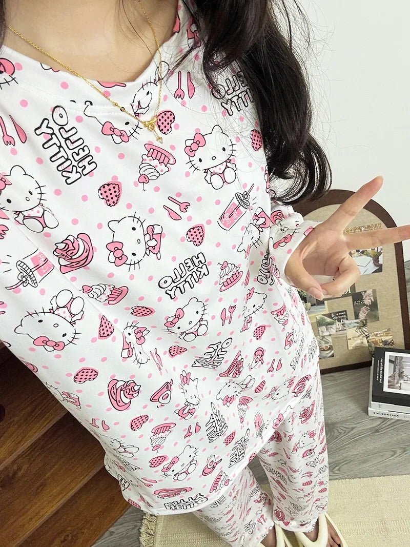 Women's Loose Round Neck Cute Kitty Homewear Pajamas Women's Simple Leisure Long Sleeve Long Pants Two-piece Suit Pajamas  Women