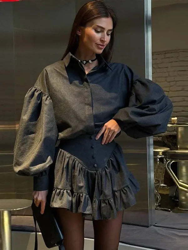 Plaid Skirt Sets Women Lapel Lantern Sleeve Single Breasted Shirt Ruffle Hem Mini Skirt Female 2025 Spring Fashion 2 Pieces Set