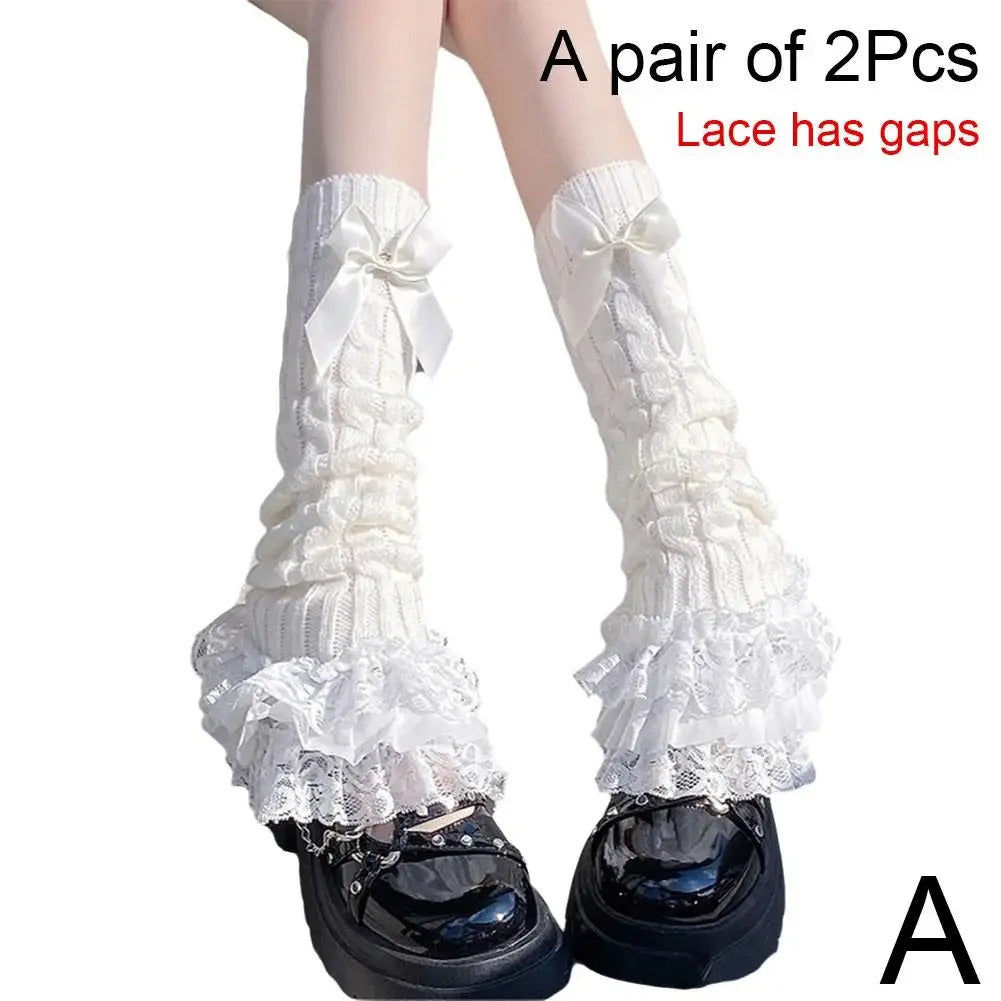 Japanese Women Knitted Leg Warmer Bow Tiered Ruffled Socks Girl Lace Lolita Socks Calf T-shaped Lace Leg Horn Warmers Women P1J5