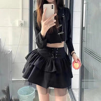 Women's Summer Y2k Multi-Layered Mesh Cake Skirt High Waisted Mesh Lace Patchwork Lace Up JK Skirt Fluffy Cake Skirt Black