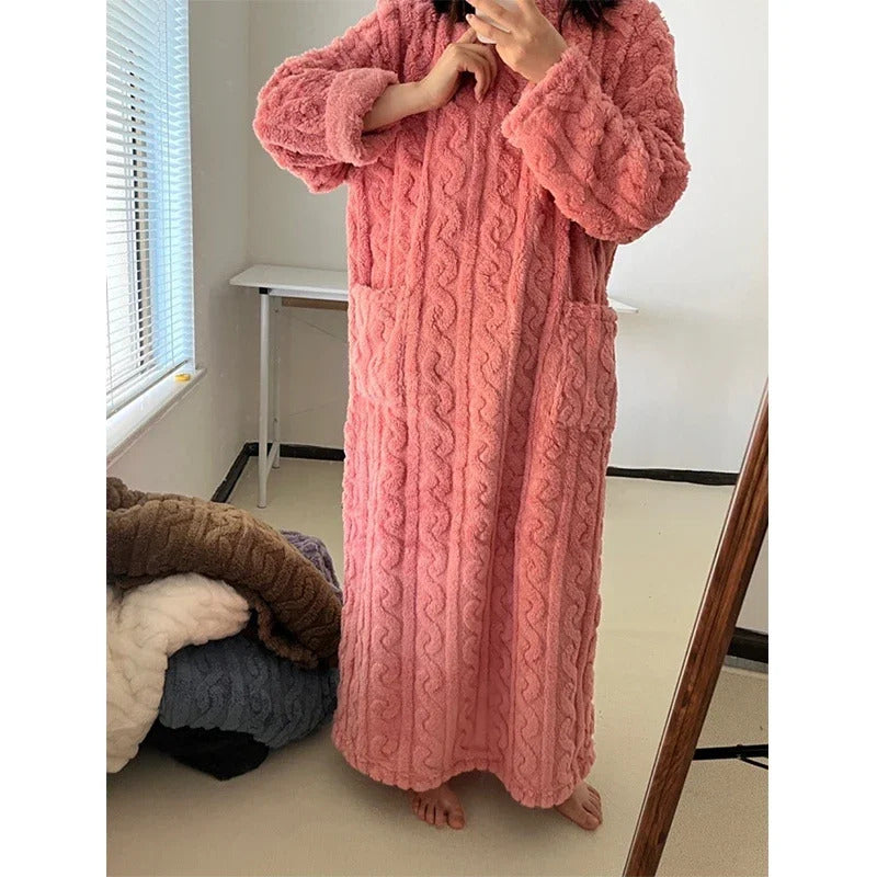 Winter Long Sleeve Double Pocket Flannel Nightgowns Women Loose Solid Sleepwear Jacquard Night Dress Thickened Warm Nightdress