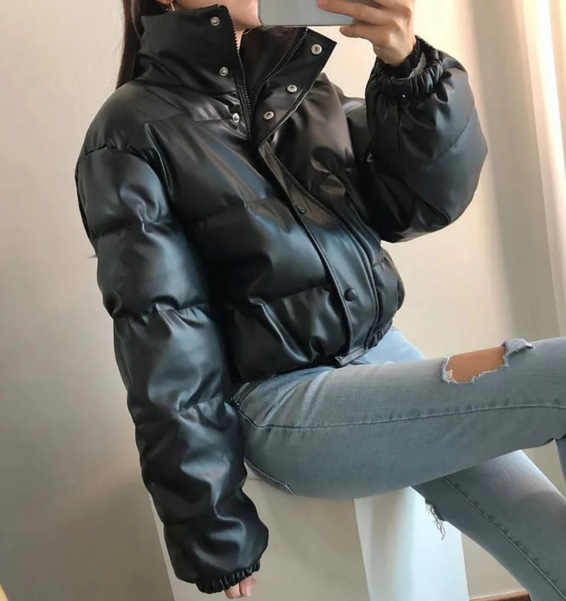 AI.Fashion Winter Thick Black Faux Leather Parkas Women PU Short Coats Women Elegant Zipper Padded Jackets Female Ladies