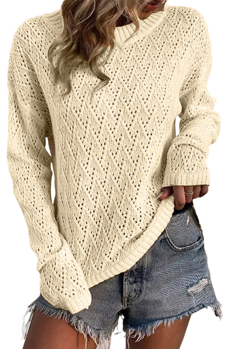 Beige Eyelet Knit Ribbed Trim Sweater