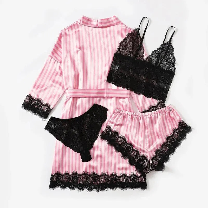 4 PCS Women's Summer Pajama Set with Pink Striped Jacket Paired with Casual Shorts and Sexy Lace Lingerie Casual Home Pajama Set