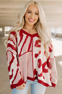 Red Mix Pattern Knit Ribbed Trim Oversize Sweater