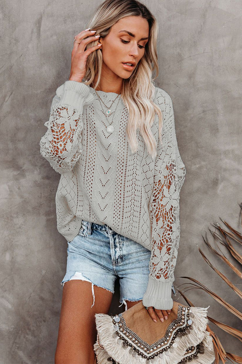 Gray Crochet Lace Pointelle Knit Sweater