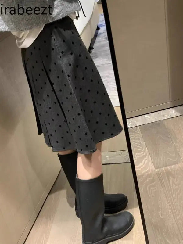 Factory Price Retro Wear Two Sides Wear Pleated Polka-dot Skirt Women 2024 Fall/winter New Fashion Gray A-line Skirt