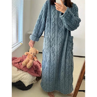 Winter Long Sleeve Double Pocket Flannel Nightgowns Women Loose Solid Sleepwear Jacquard Night Dress Thickened Warm Nightdress