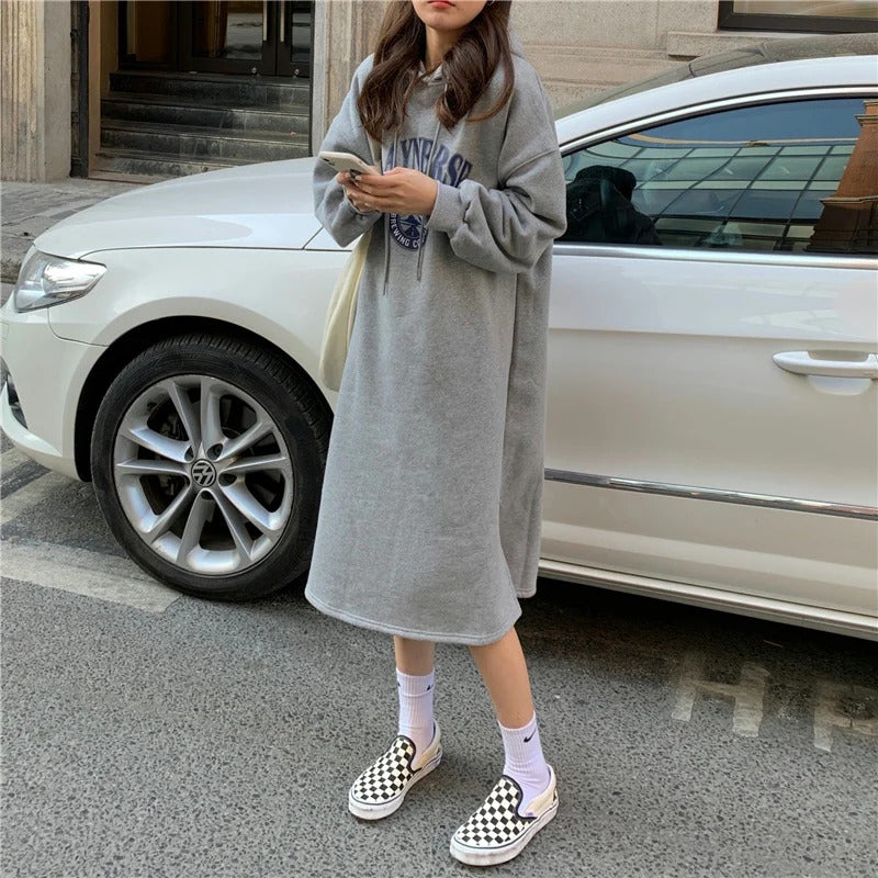 Long Hood Sweater Dress Women Autumn and Winter Fleece-lined Thickened Pullover Small Loose Mid-Length over-the-Knee Dress