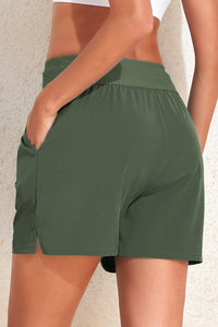 Green Solid Pocketed Drawstring High Waist Swim Bottom