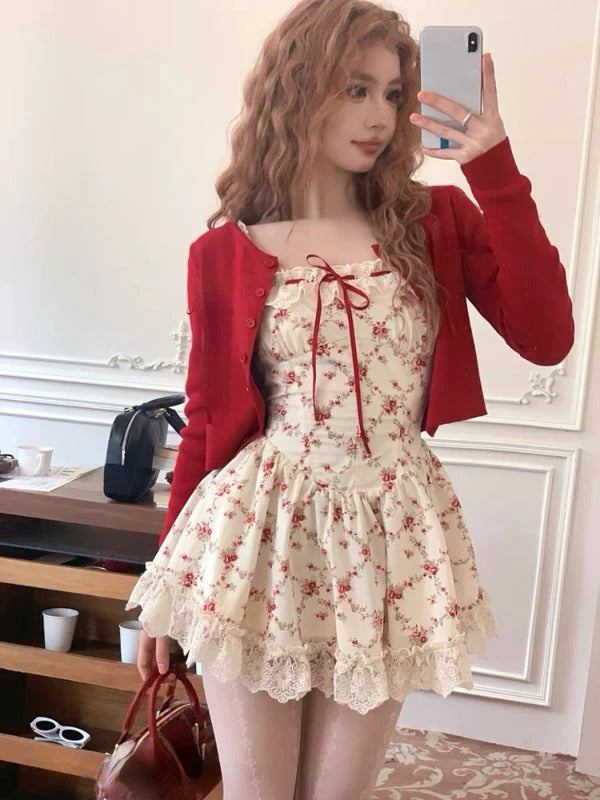 2024 New Sweet Floral Dress Set Woman Casual Red Short Cardigan Elegant Lace Y2k Mini Dress Beach Korean Fashion Clothing Suit