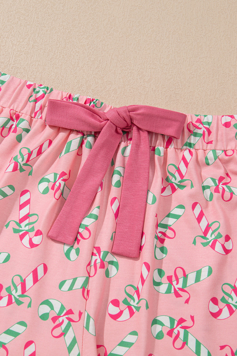 Pink Christmas Candy Cane Print Pocketed Knotted Lounge Set