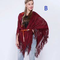 Women's Loose Suede Fringe Open Poncho Cloak Shawl Wrap with Punch Hole Patterns and Graceful Fringes Dropshipping