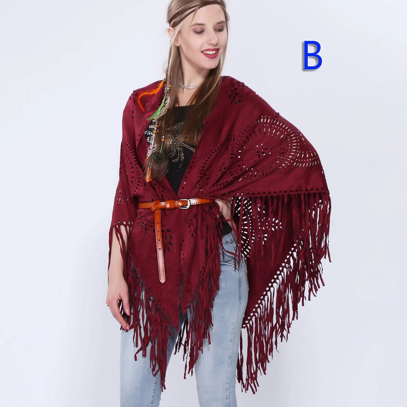 Women's Loose Suede Fringe Open Poncho Cloak Shawl Wrap with Punch Hole Patterns and Graceful Fringes Dropshipping