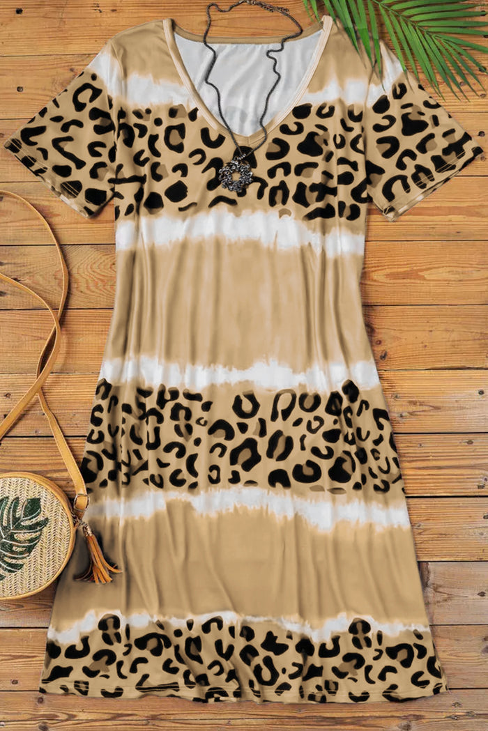 Women's Leopard Color Block V-Neck T-shirt Dress