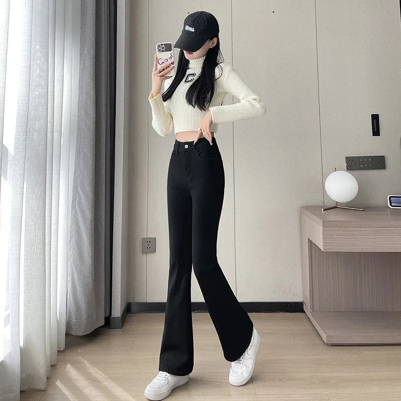 2023 Fashion New Women Warm Plush Flared Jeans Thermal Fleece Loose Denim Pants Female High Waist Urban Straight Flare Trouser