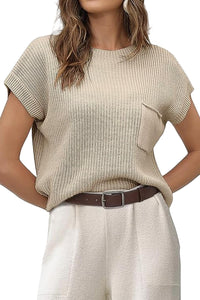 Pale Khaki Patch Pocket Short Sleeve Sweater