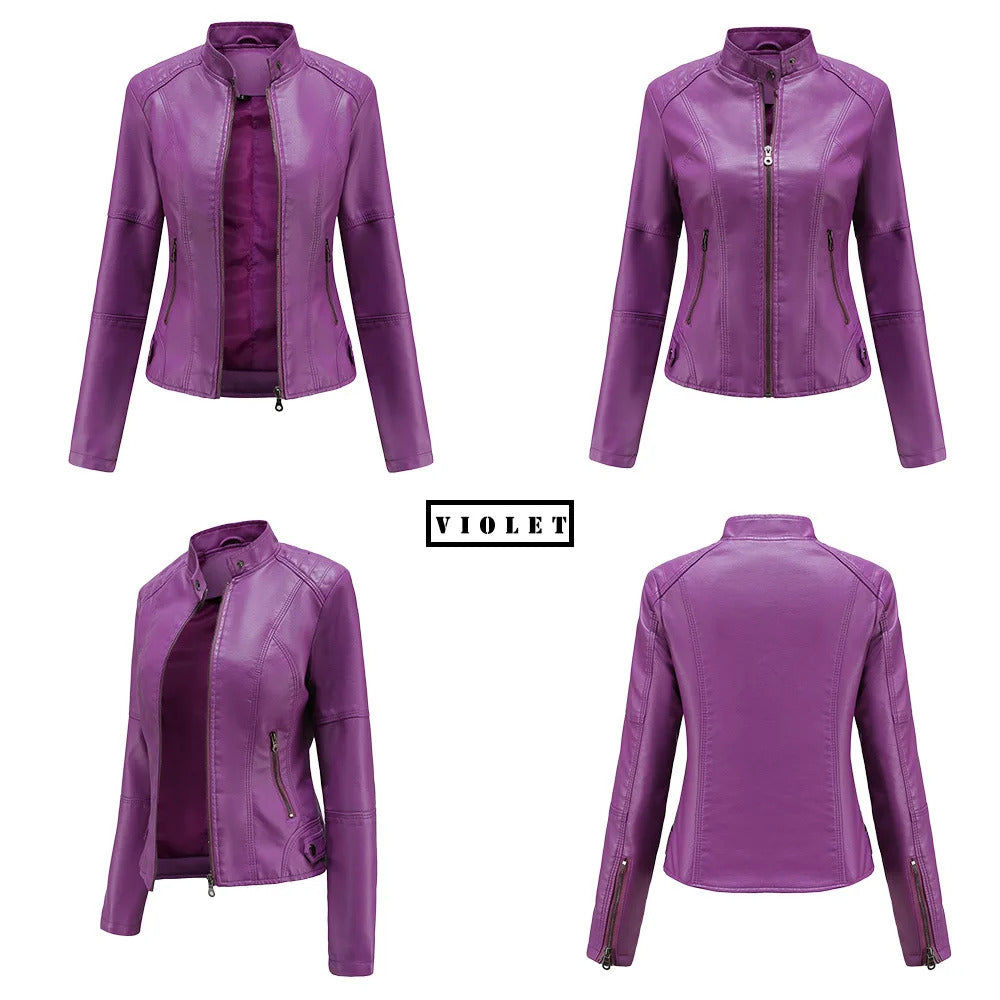 Spring / Autumn New Style Gules Leather Jacket Women's Fashionable Trim Motorcycle Women Coat Black Purple Brown S-4XL