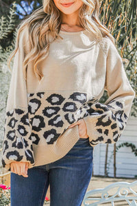 Khaki Leopard Patchwork Knitted Puff Sleeve Sweater