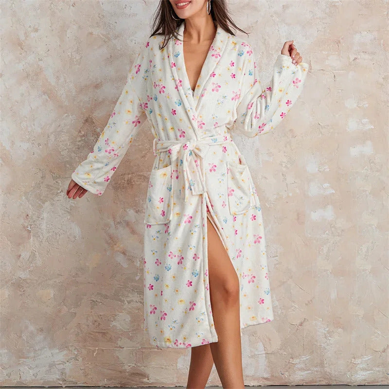 Women Flannel Robe Home Sleepwear Floral Print Shawl Collar Bathrobe Kimono Robe with Belt Winter Warm Pajamas Clothes