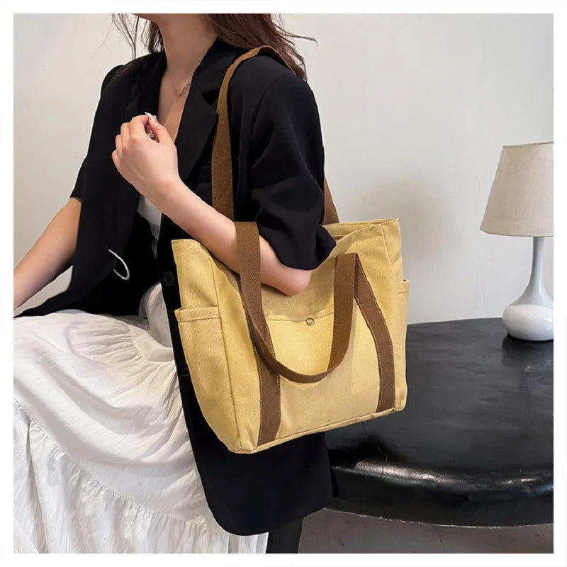 Preppy Style Shoulder Bag Unisex Large Capacity HandBag Casual Versatile Solid Canvas Bag Student Commuting Zipper Square Bag