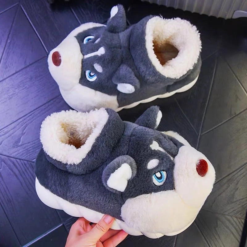 Women Indoor Cotton Slippers Cute Cartoon Dog Winter Warm Shoes Couples Home Floor Slides Anti-slip  Female Male House Footwear