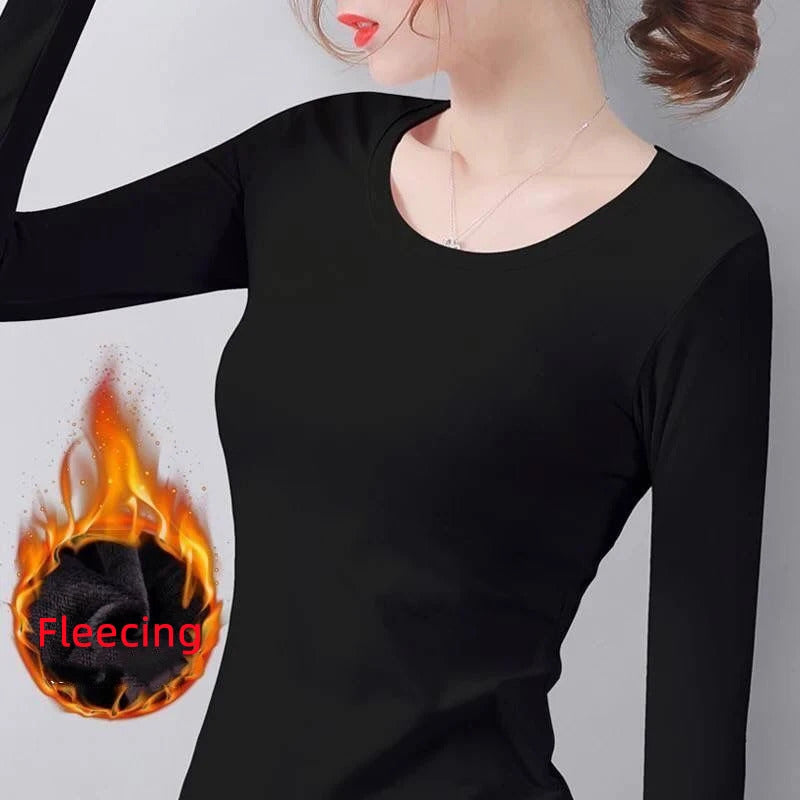 O Neck V Neck Long Sleeve Shirt Women Winter Bottoming Crop Tops Black Casual  Slim Basic Velvet Heating Fiber Thermal T-Shirts