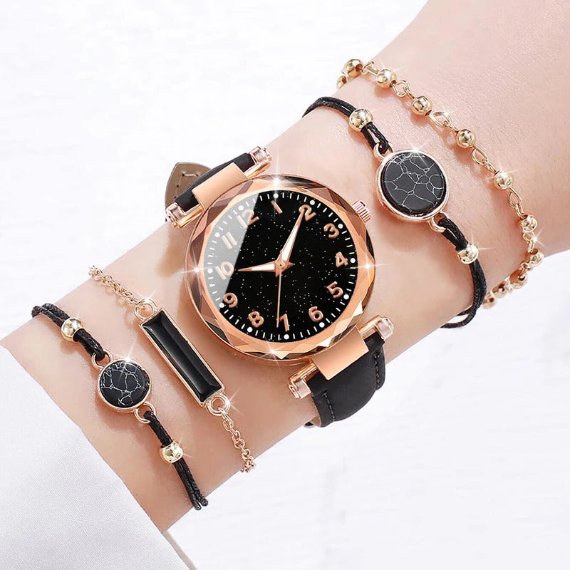 5PCS/Set Women Watches Bracelets Set Fashion Starry Sky Dial Leather Band Quartz Watch