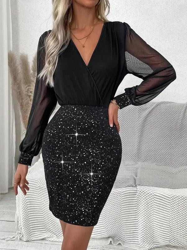 Sexy and elegant women's dress V-neck long sleeve sequin lace wrap hip women's dress