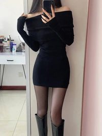 Sexy Dresses Women Backless Knitting Slim Y2k Girls Tender Korean Style Soft Casual Autumn Slash Neck Hotsweet Cozy New Clubwear