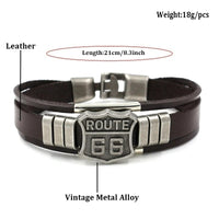 New Trendy American Route 66 Printed Pattern Bracelet Men's Bracelet Metal Multilayer Leather Bracelet Accessories Party Jewelry