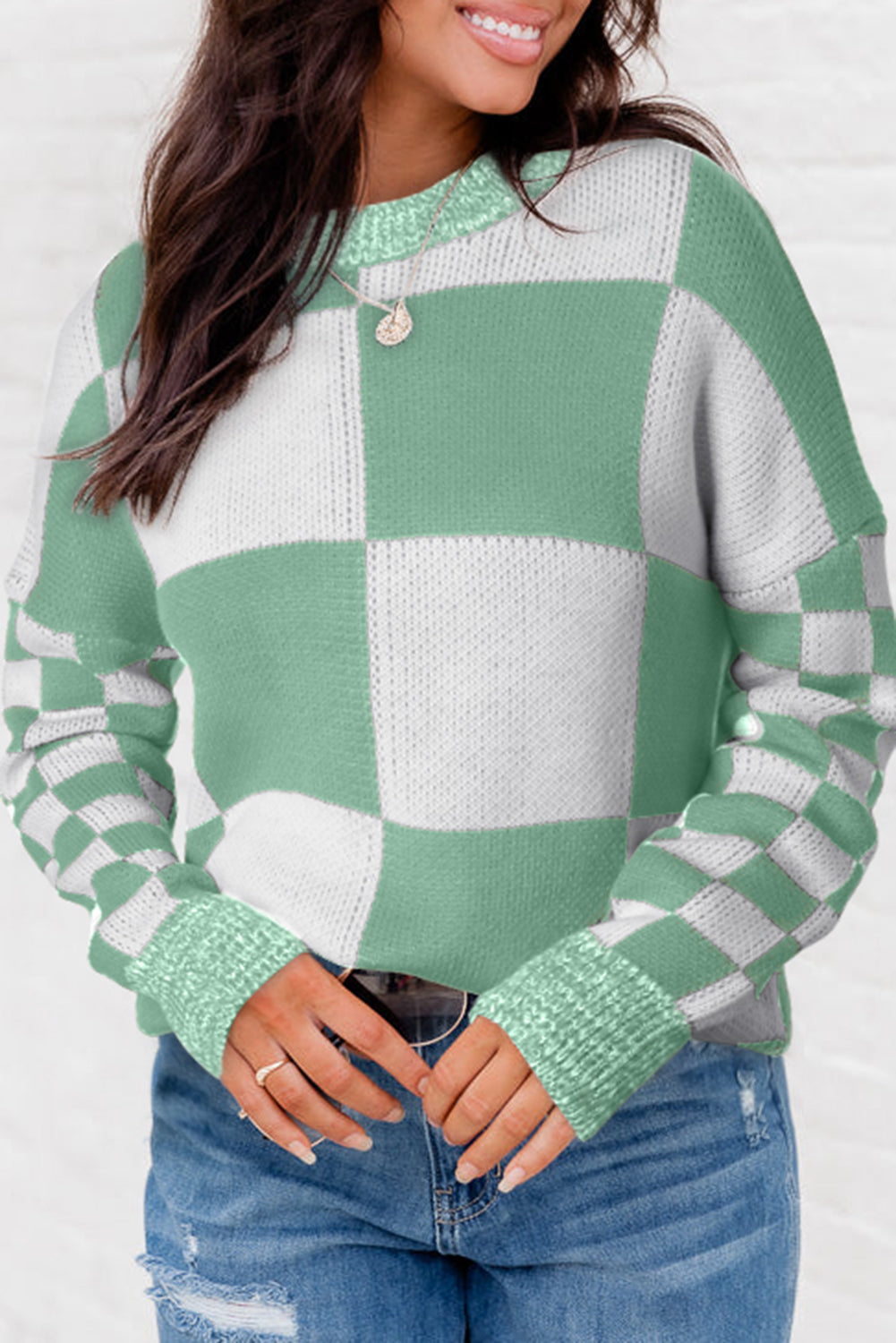 Medium Grey Checkered Print Drop Shoulder Sweater