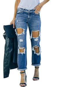 Sky Blue Cut Out Straight Leg Distressed Boyfriend Jeans