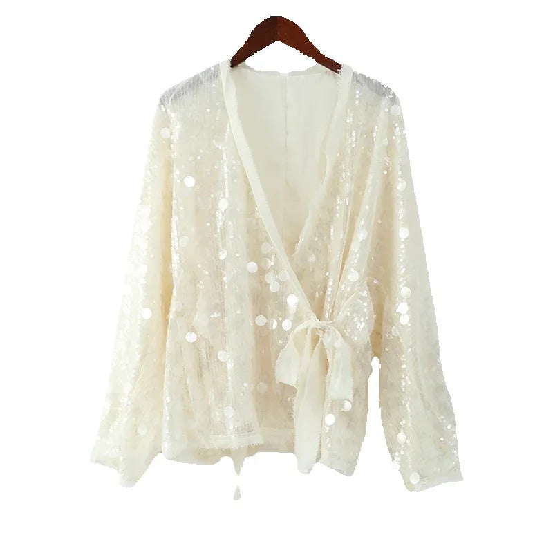 Elegant White Sequins Patchwork Lace-up Shirt For Women Long Sleeve V-neck Loose Short Coats Autumn Winter Street Partywear