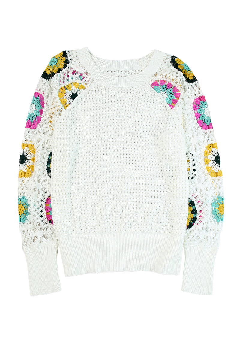 White Pointelle Floral Crochet Sleeve Sweater